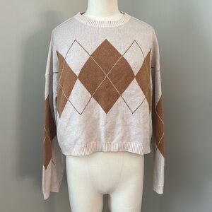 moon & madison Cream and Brown Cropped Crewneck Argyle Sweater Sz S